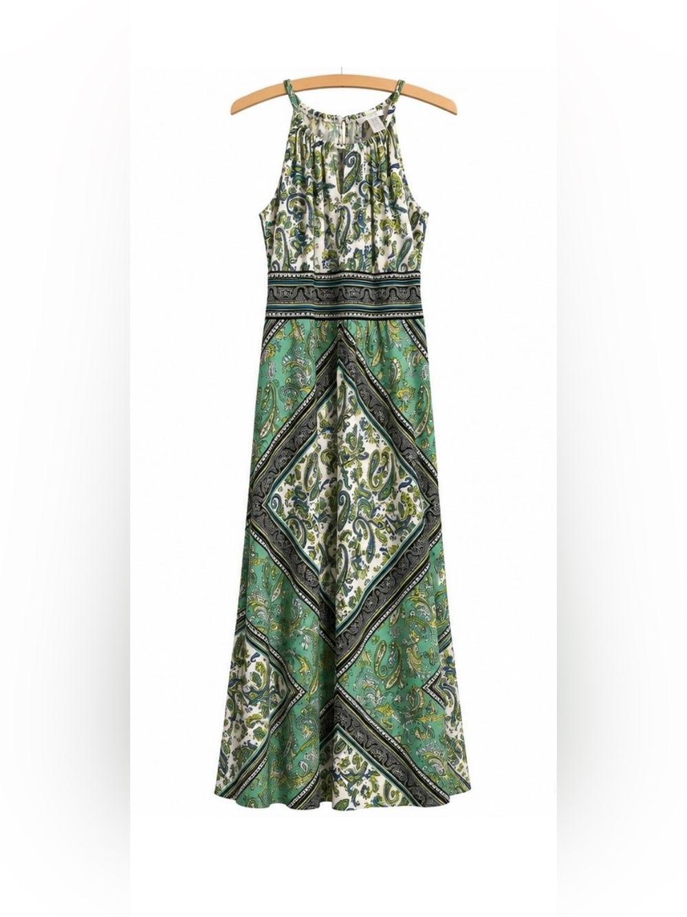 London Times - Green and White Paisley Halter Maxi Dress Size 8